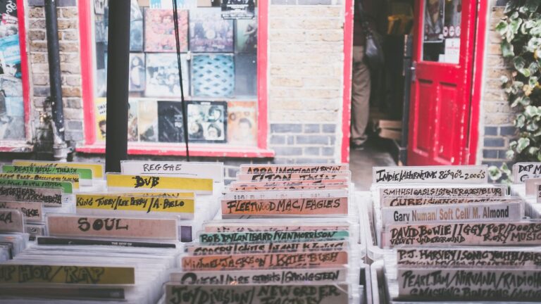 Beschriftete Fächer mit Schallplatten in einem Plattenladen