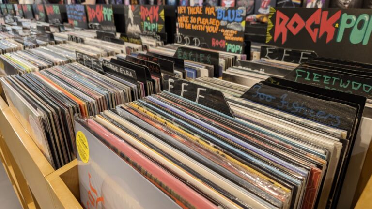 Bunte Schallplatten-Cover in den Fächern eines Plattenladens
